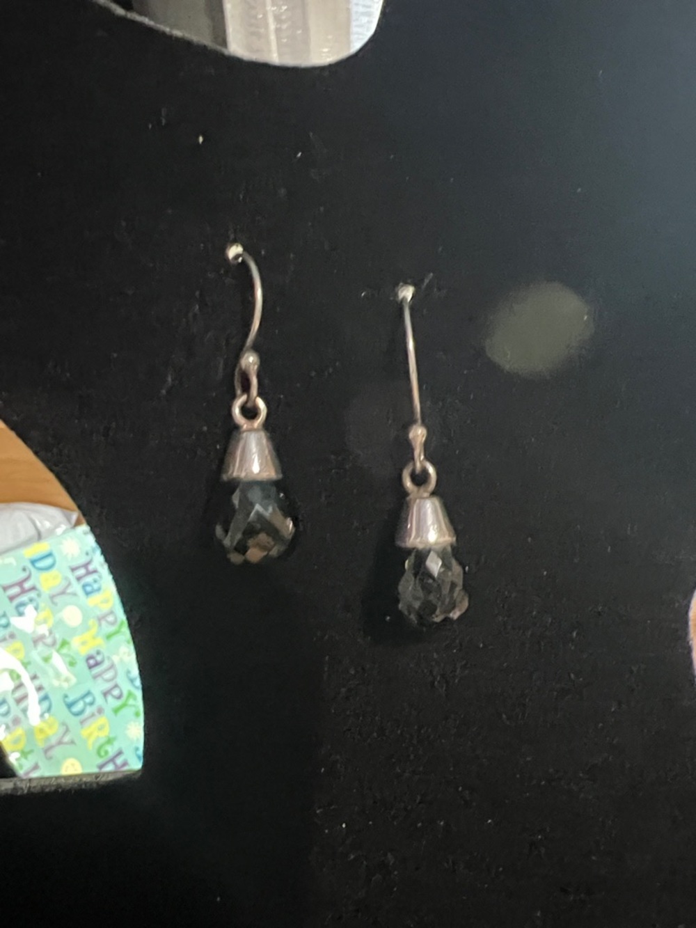 Black Faceted Teardrop Dangle Earrings with Silver Caps